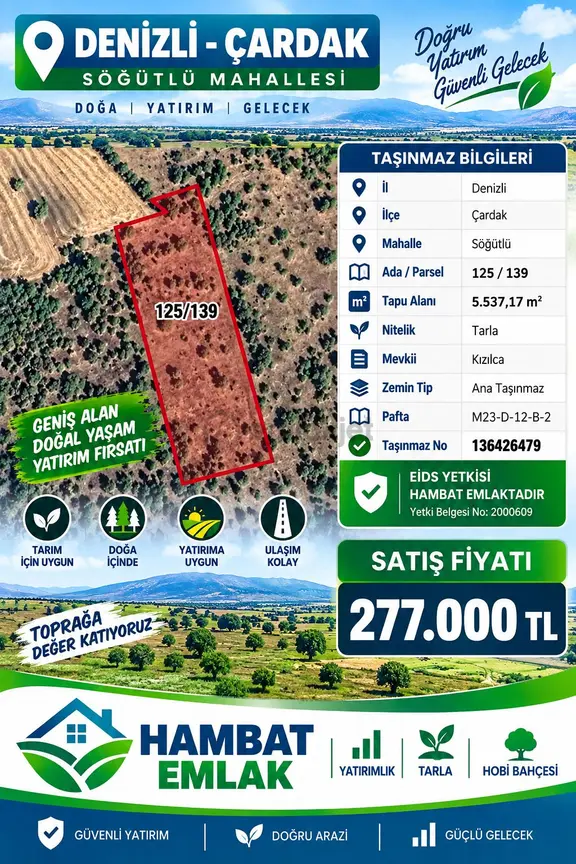 Çardak Söğütlü’de 5.537 M² Tarla – 277.000 Tl – Eids Yetkili 1