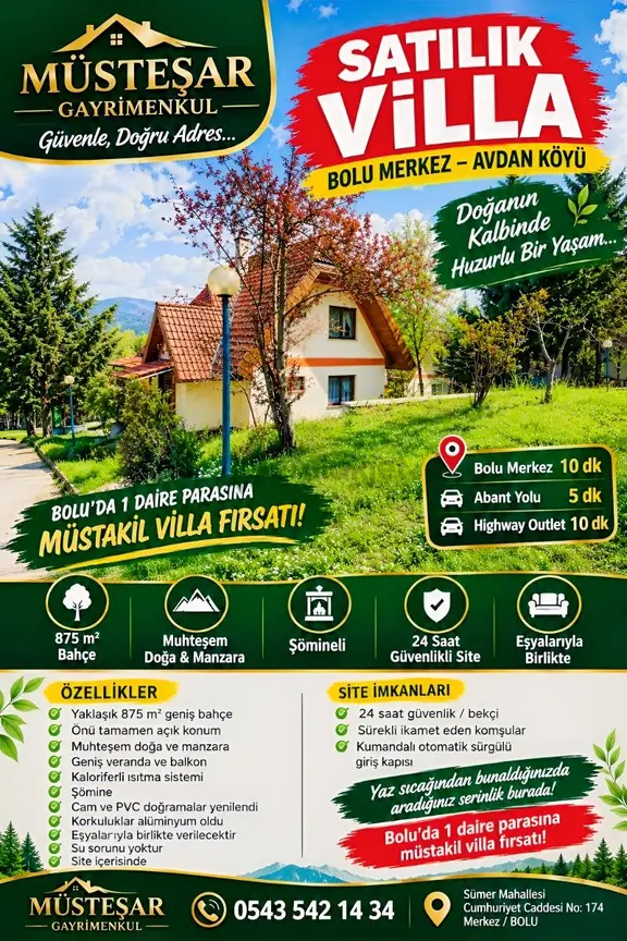 Fırsat 3+1 Villa Boluya 10 Dk Avdan Köyünde 875m2 Site İçinde 1