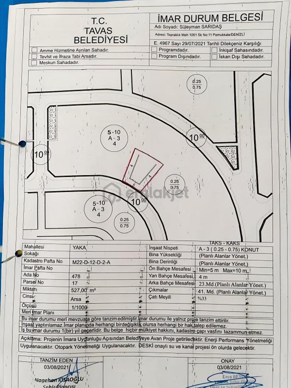 Şehzade'den Tavas/yaka'da Konut İmarlı 527 M2 Satılık Arsa 2