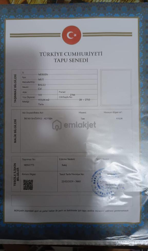 Aydın'dan Mut Ballı Köyün' De 410 M² Acil Satılık Tarla 1