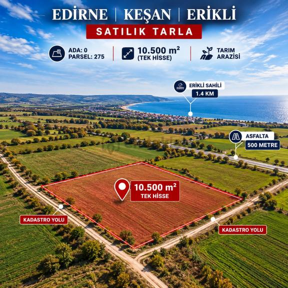 Edirne Keşan Erikli, Tuzla Gölü Manzaralı - Tek Tapu 10.500m² 2