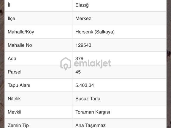 Doğukan Real Estate | Hersenk(salkaya) Pertek Yoluna Yakın Yatırımlık Tarla 1