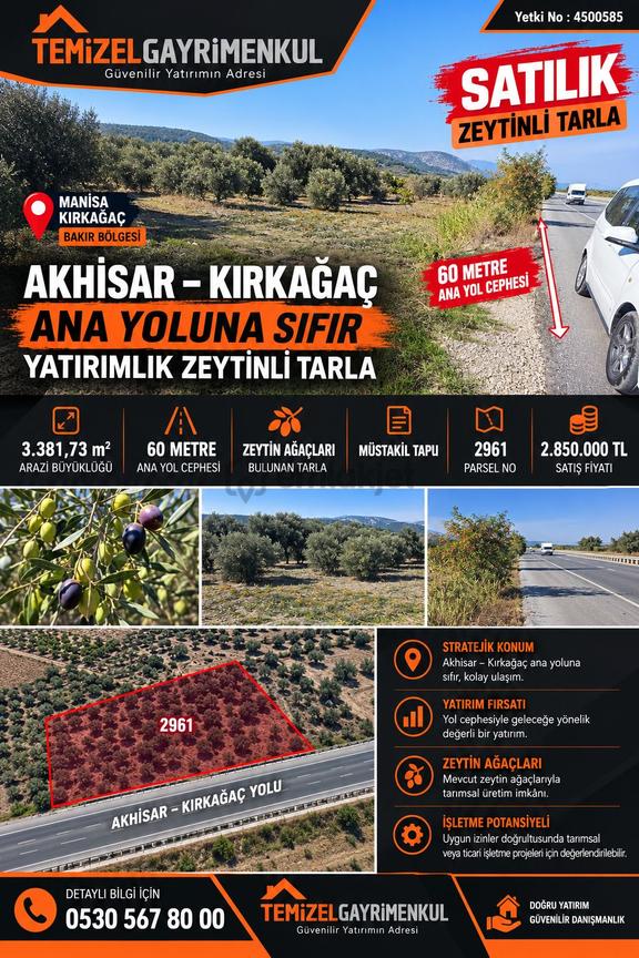 Akhisar–kırkağaç Ana Yoluna Sıfır, 60 Metre Yol Cepheli, Zeytinli Yatırım Fırsatı! 1