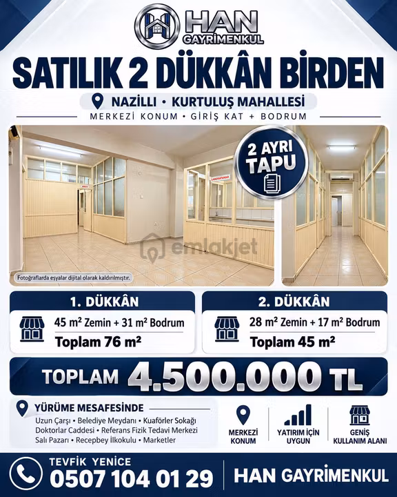 Nazilli Kurtuluş'ta Satılık 2 Ayrı Tapulu Dükkan 1