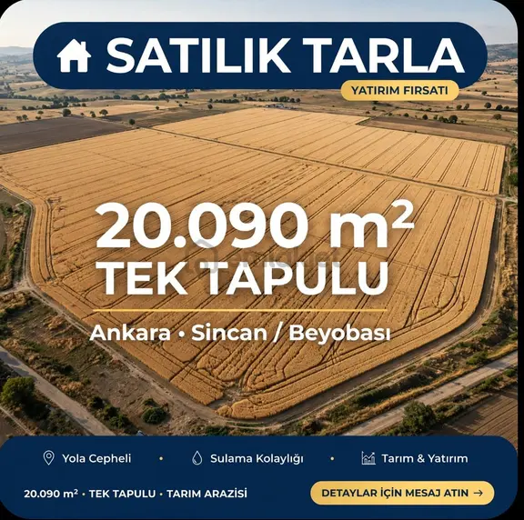 Sahibinden Sincan Temelli'de 20 Dönüm Müstakil Tapulu Tarla – Kiralık Ya Da Satılır. 1