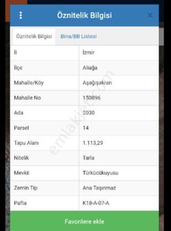 İzmir Aliağa Aşağı Şakran Satılık Tarla