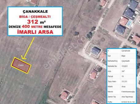 Çanakkale Biga Çeşmealtı'nda Denize Çok Yakın 312m2 İmarlı Arsa