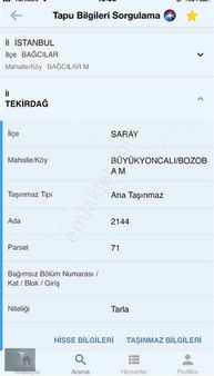 Saray Büyükyoncalıdı Bozob Mah Satılık Tek Tapu