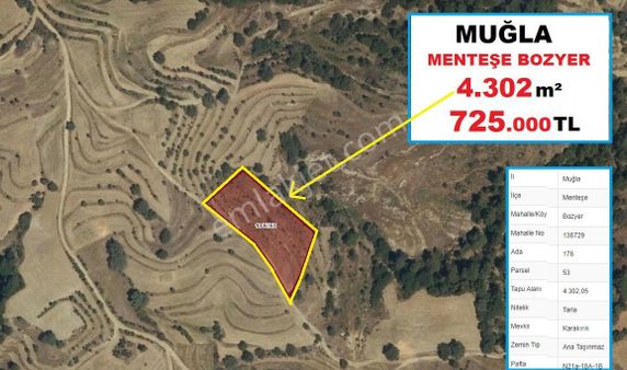 Muğla Menteşe Bozyerde 4.302 M2 Fırsat Kupon Arazi