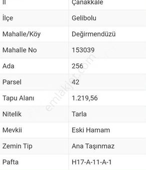 Çanakkale Gelibolu Değirmendüzü Köyünde Satılık Tarla.