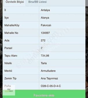 Alanya Fakırcalı Yaylasında 734 Mt2 Satılık Bahçe
