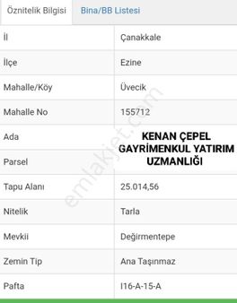 Çanakkale Ezine Üvecik Köyü 25 Dönüm 014.56m2 İmar Sınırı