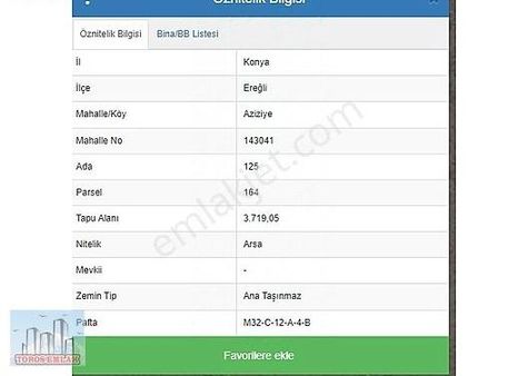 Toros Emlak'tan Ereğli Aziziye Satılık 3750 M2 Ticari Arsa