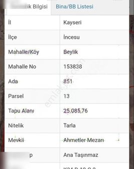 Kayseri İncesu Osb Karşısı Yatırımlık Tarla Bag Bahçe Ticari Ala