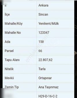 Ankara Sincan Mülk Satılık Tarla Arazi Sanayii Alan