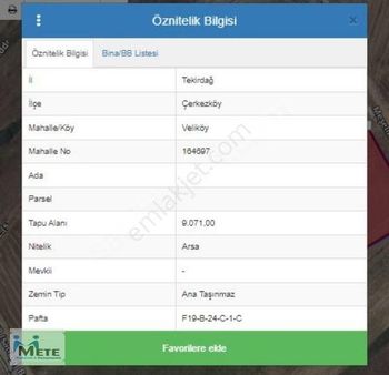 Tekirdağ Çerkezköy Veliköy'de 5071 M² Satılık Arsa