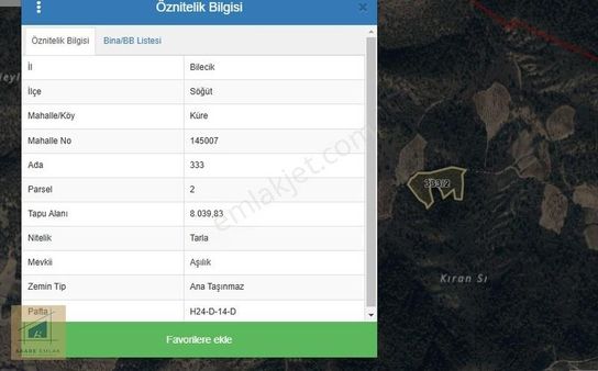 Bilecik Söğüt Küre Kadastro Yolu Olan 8 Dönüm Tarla