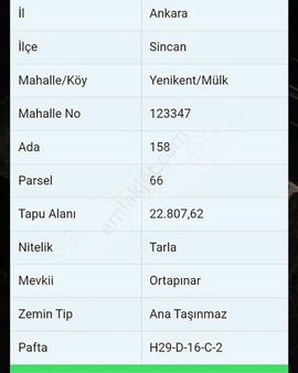 Ankara Sincan Mülk Satılık Tarla Arazi Sanayii Alan