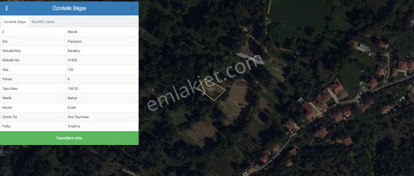 Bilecik Pazaryeri Karaköy'de Satılık 748 M2 Bahçe