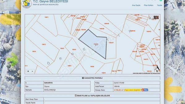 Satılık Arsa Sakarya Geyve Bağlarbaşı Mahallesinde 4.727m²