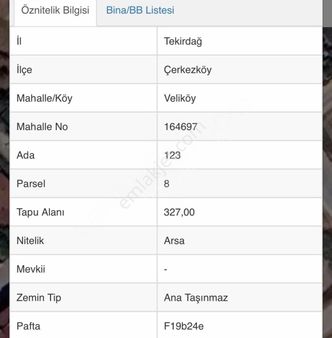 Tekirdağ Çerkezköy Veliköy Mahallesinde 4 Kat İmarlı Arsa