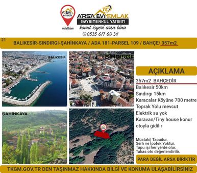 Balıkesir Sındırgı Şahinkaya Satılık 357m2 Bahçe