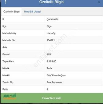 Çanakkale Biga Hacıköy'de 3.125 M2 Tarla