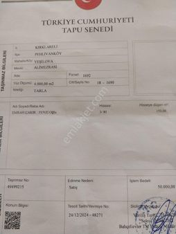 Kırklareli Pehlivanköyde Satılık Arsa