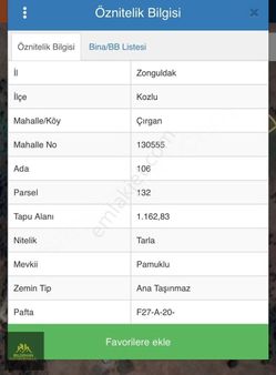 Zonguldak Kozlu' Da Satılık 1162 M² Tarla