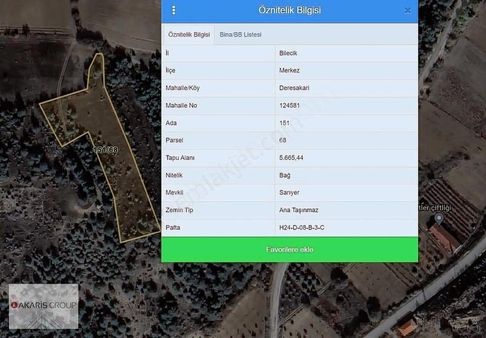 Bilecik Merkez Deresakari'de 5665m2 Resmi Yollu Satılık Bağ