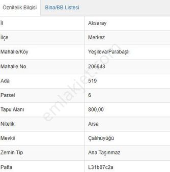 Aksaray Yeşilova Parabaşlı Mahallesinde 800 M² Satılık Arsa