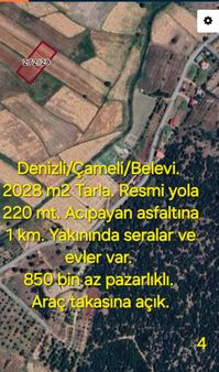 Çameli Belevi'de 2028 M2 Resmi Yola 220 Mt. Tarla