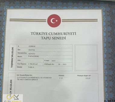 Edirne'de Elden Senet İmkanı İle 113m2 Tarla