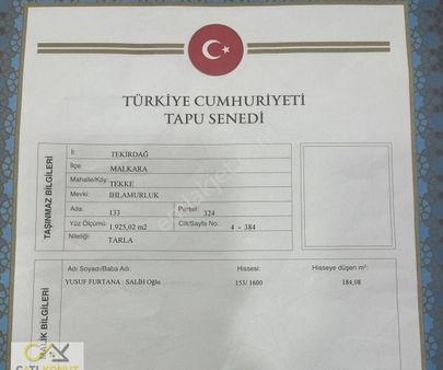 Tekirdağ'da Elden Senet İmkanı İle 184m2 Tarla