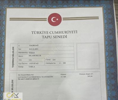 Tekirdağ'da Elden Senet İmkanı İle 245m2 Tarla