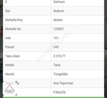 Akalan Arsa Ofisinden Atakum Akalan Köyünde Köy İçi Tarla