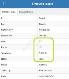 Günel Emlak Tan Çameli Merkezinde Satılık Tarla