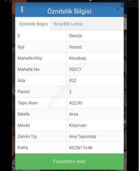 Denizli Honaz Kocabaş *422m2 *b+2kat Konut Arsası