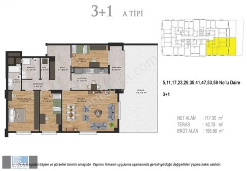 Beyaz Park 3. Etap Projesi 3+1 153m2 Balkon Teras Satılık Daire