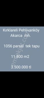 Arıkoğlundan Pehlivanköyde 11800m2 Tek Tapu Yola Cepheli Tarla