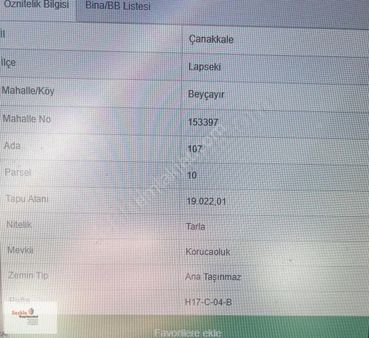 Çanakkale Lapseki De Beyçayır Köyünde Yatırımlık Arazi 19,022m2