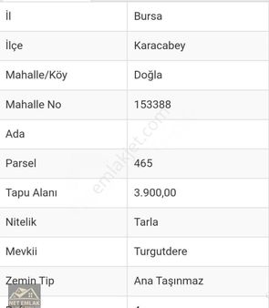 Karacabey Doğla Köyü Satılık Tarla