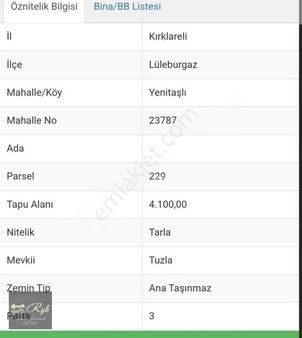 Lüleburgaz Yenitaşlı Tek Tapu 4100 M2 Tarla