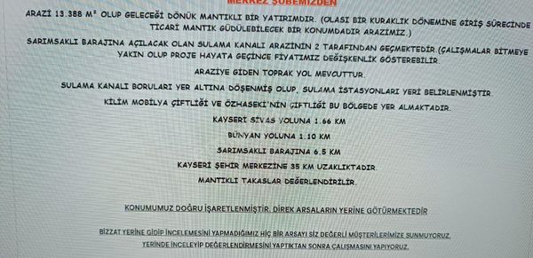 Bünyan Tuzhisar Mahallesinde Satılık Tarla