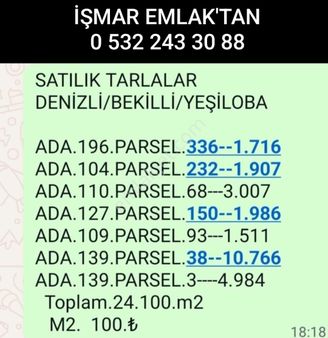 Denizli/bekilli/yeşiloba Mahallesi 7 Adet Ayrı Tapulu Tarla 24.100 M2 100 Tl Den Satılıktır