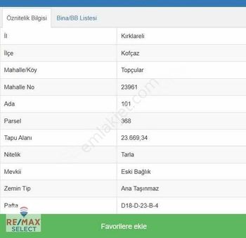 Kırklareli Kofcaz Topçular'da Satılık Tarla