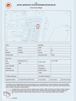 Edirne-havsa'da 309 M² Satılık Arsa