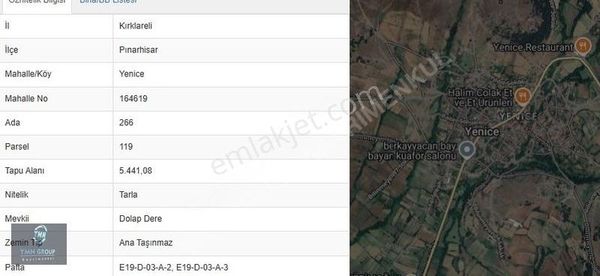 Kırklareli Pınarhisar Yenice De Satılık Yatırmlık Tarla