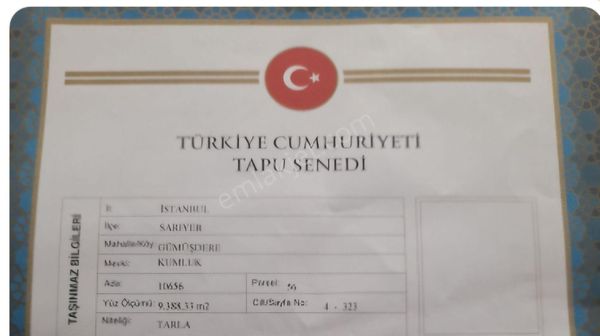 Satilik Tarla 104 M² Hisse Sariyer Gumusdere