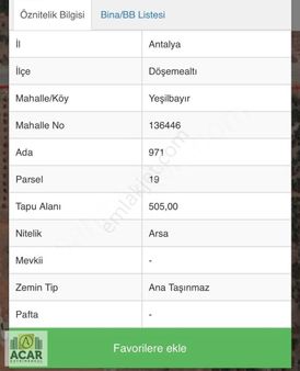 Antalya Döşemealtı Da Antalya Spor Tesis Yakını 1/2 Satılık Arsa
